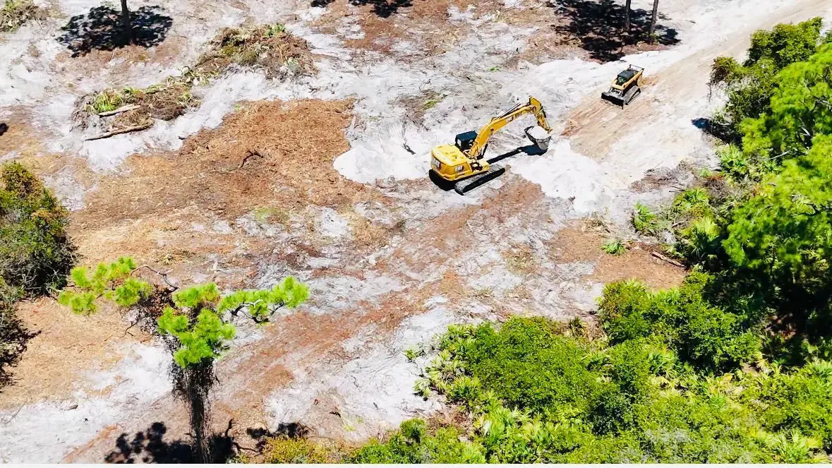 Aerial view of brush removal and rough grading in Immokalee, Florida