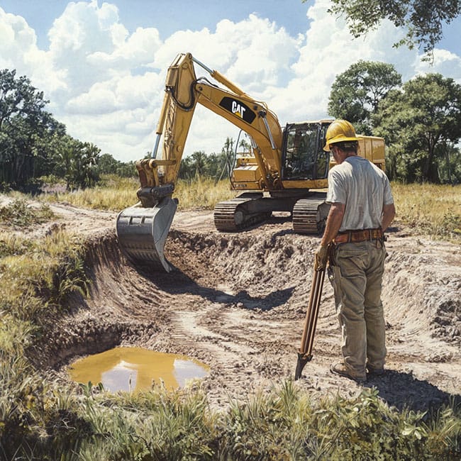 Surveyor working on excavation site in Florida using precision tools